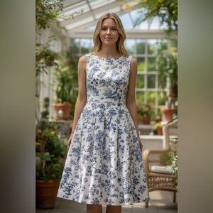 Blue & White Toile Print Fit and Flare Dress - Sleeveless
